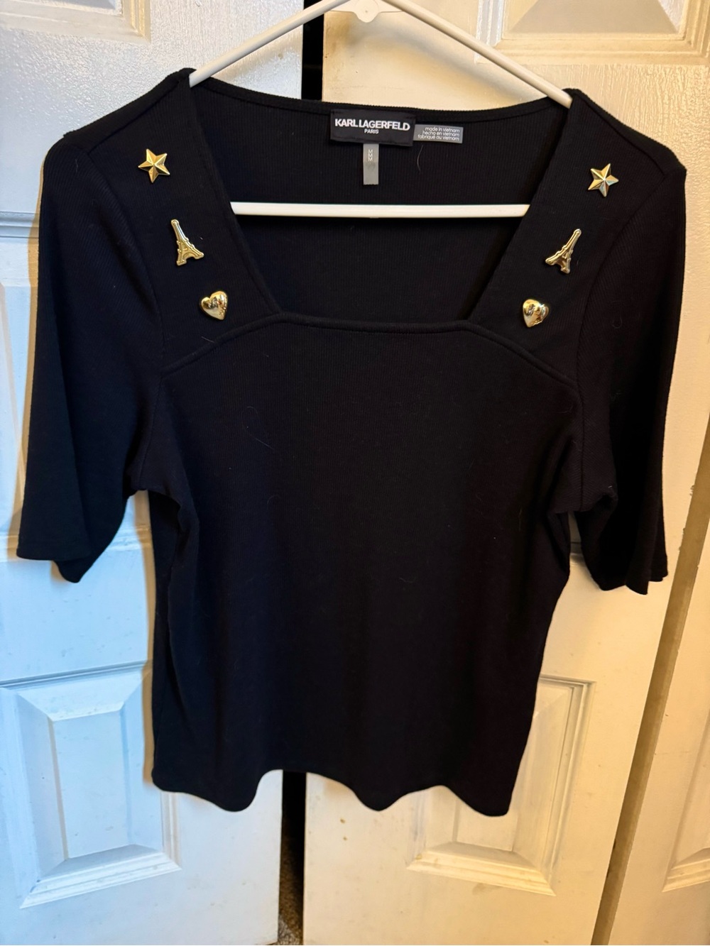 Karl Lagerfeld Black Short-Sleeve Top with Gold Embellishments